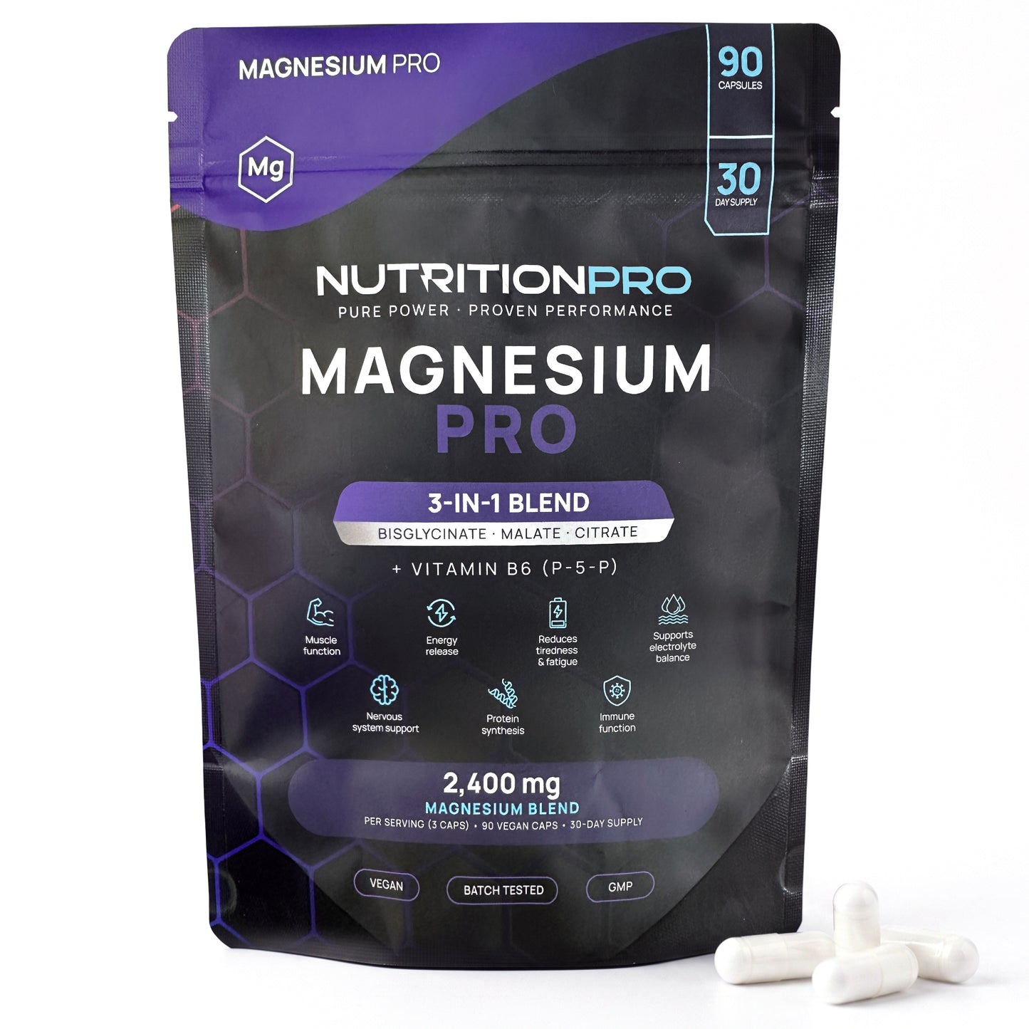 Nutrition Pro Magnesium PRO pouch, front — 3-in-1 magnesium blend with vitamin B6, 90 vegan capsules, with three capsules beside it