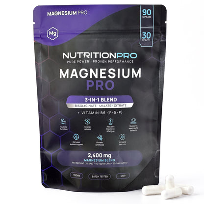 Nutrition Pro Magnesium PRO pouch, front — 3-in-1 magnesium blend with vitamin B6, 90 vegan capsules, with three capsules beside it