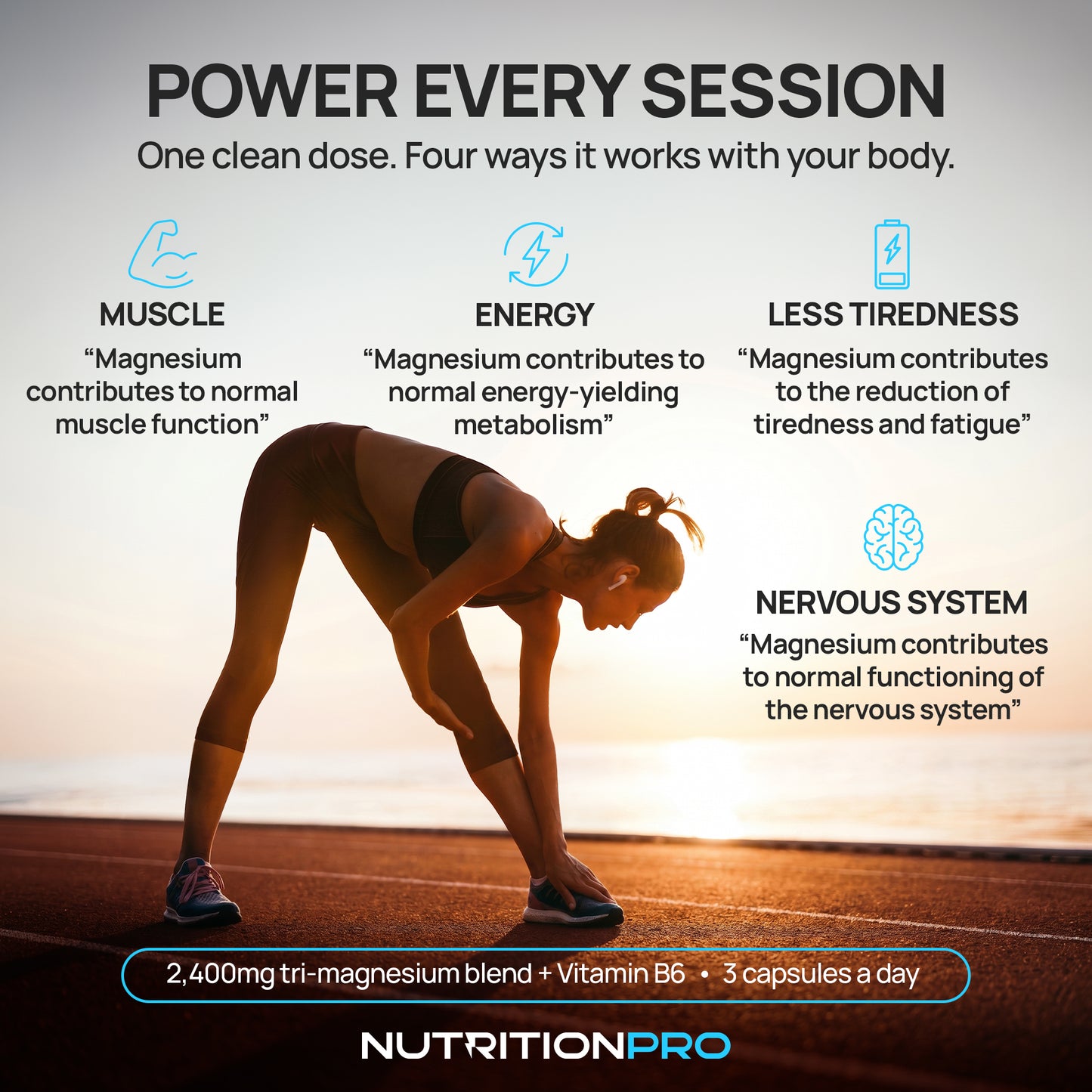 Power every session — a runner stretching at sunrise; the four authorised magnesium claims: muscle function, energy release, less tiredness, nervous system