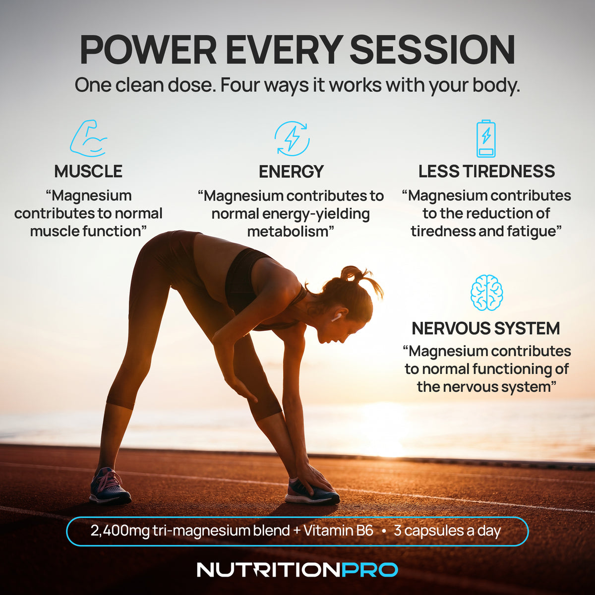 Power every session — a runner stretching at sunrise; the four authorised magnesium claims: muscle function, energy release, less tiredness, nervous system