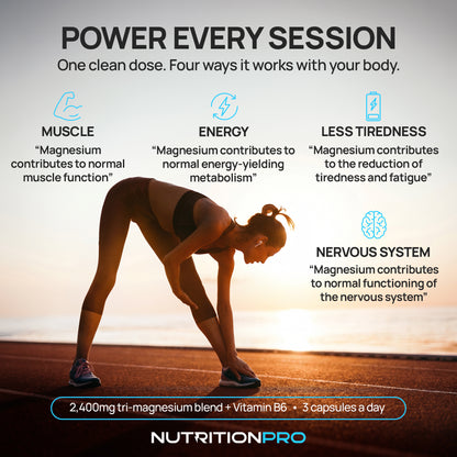 Power every session — a runner stretching at sunrise; the four authorised magnesium claims: muscle function, energy release, less tiredness, nervous system