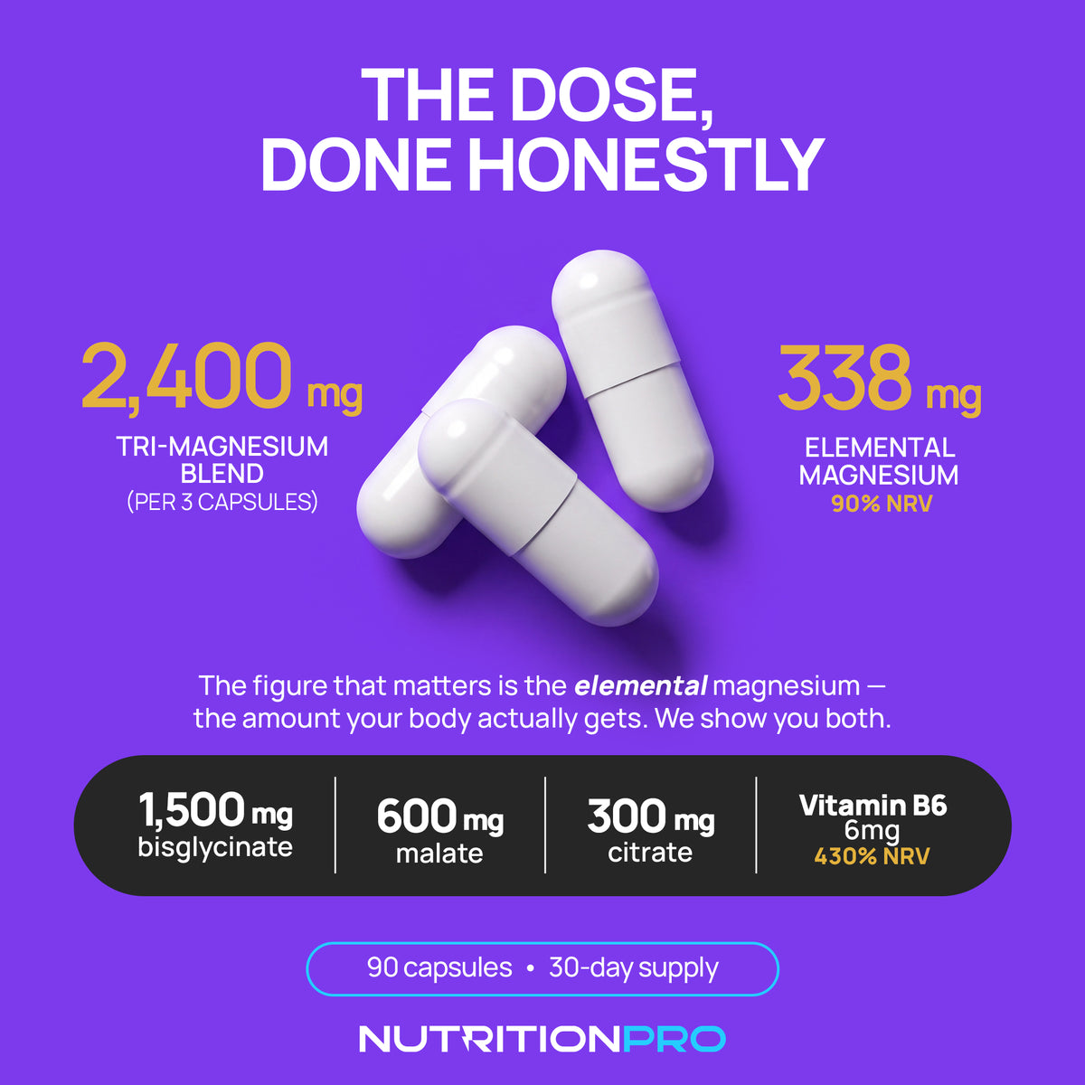 The dose, done honestly — two capsules with the figures: 2,400 mg tri-magnesium blend and 338 mg elemental magnesium (90% NRV) per 3 capsules, plus vitamin B6