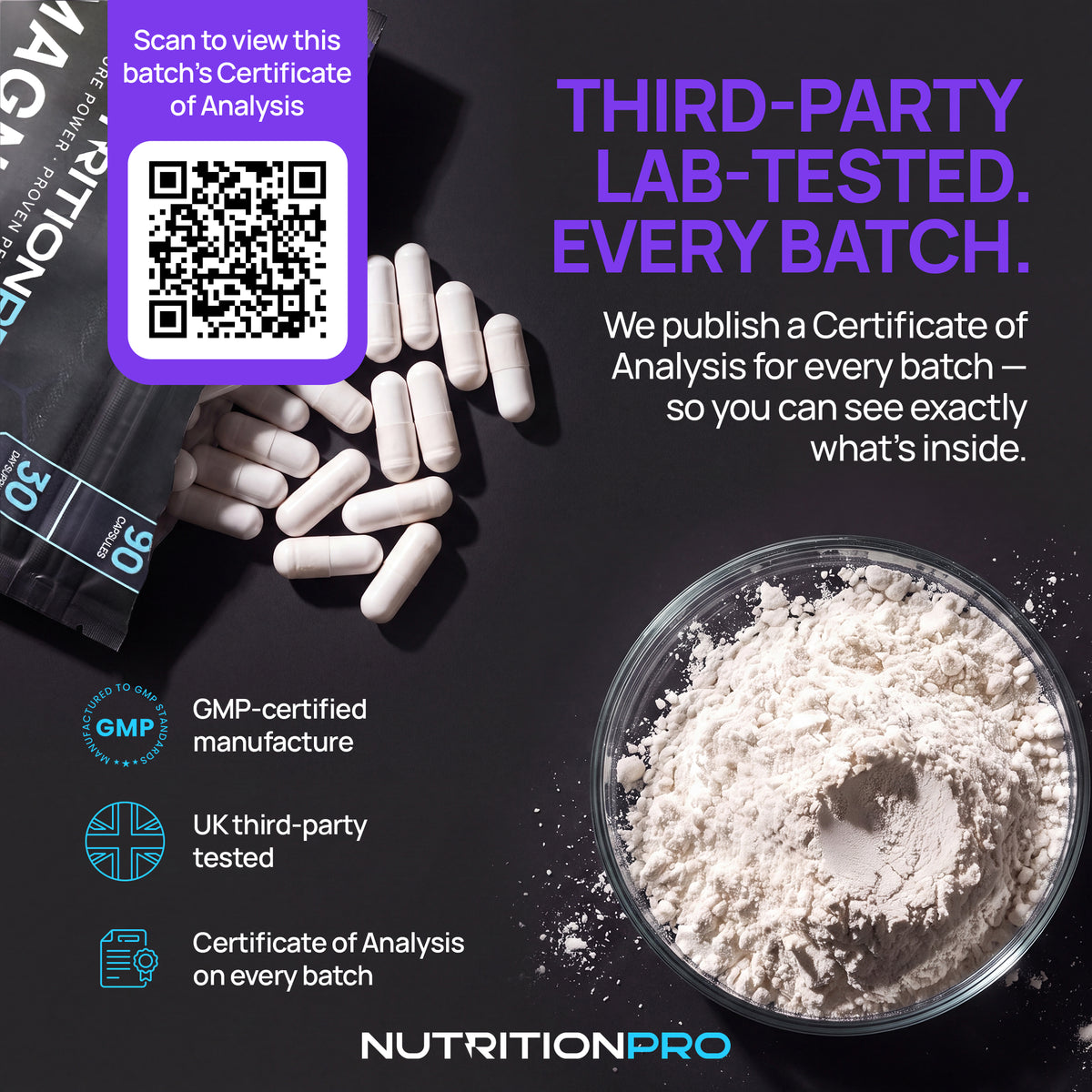 Third-party lab-tested, every batch — capsules, magnesium powder in a dish and the on-pack QR code that links to the batch Certificate of Analysis