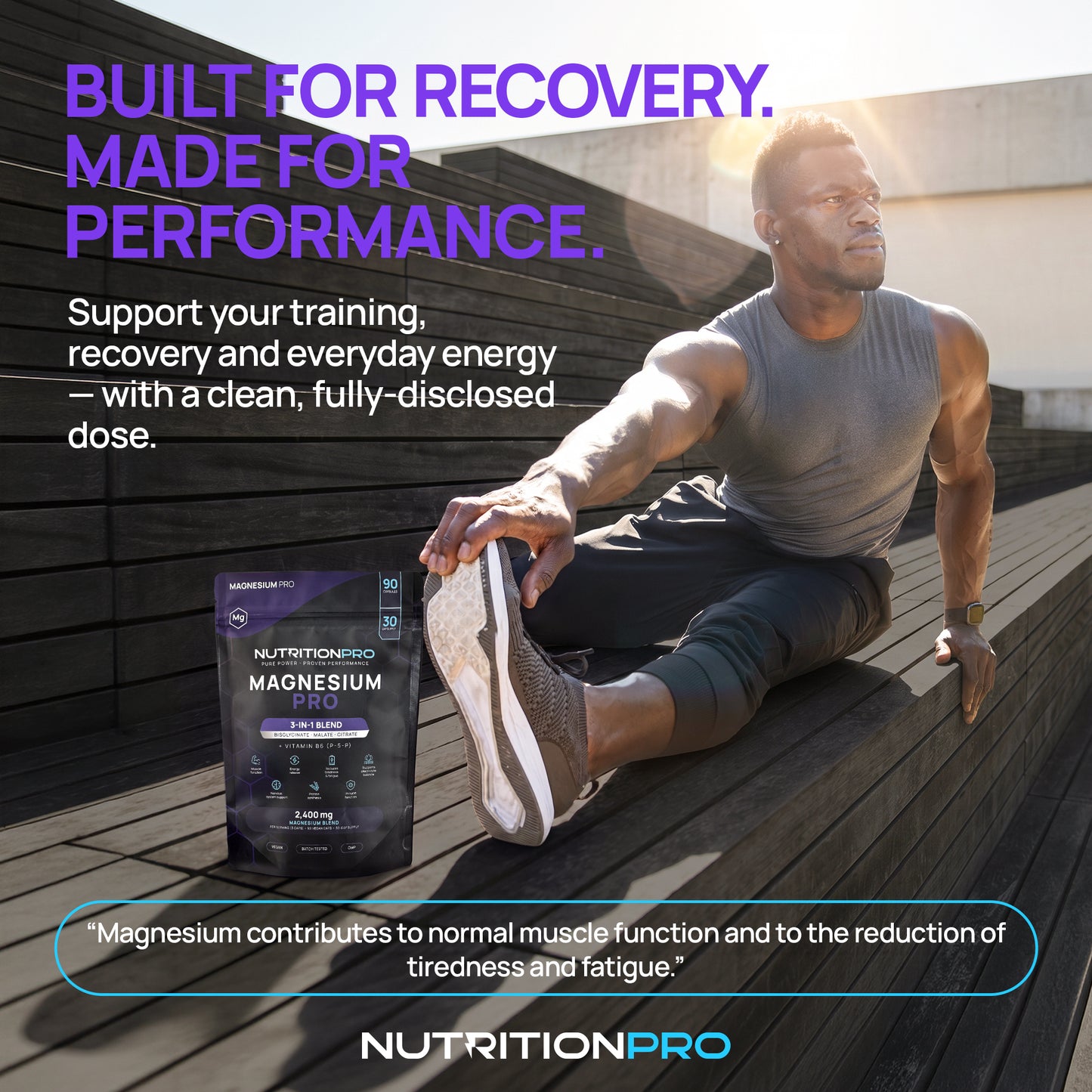 Built for recovery, made for performance — an athlete stretching after training with a Magnesium PRO pouch